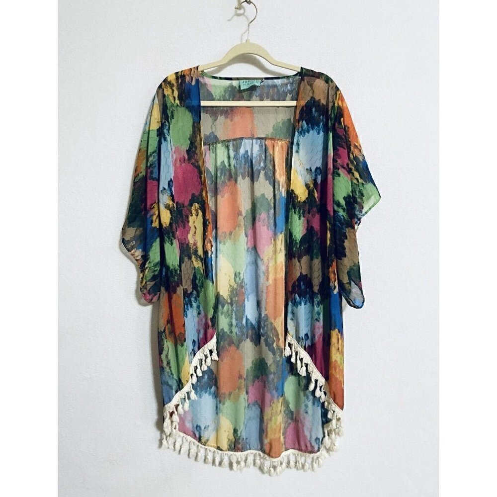 Judith March Womens Medium Kimono Top Fringe Trim Watercolor Print Sheer Boho